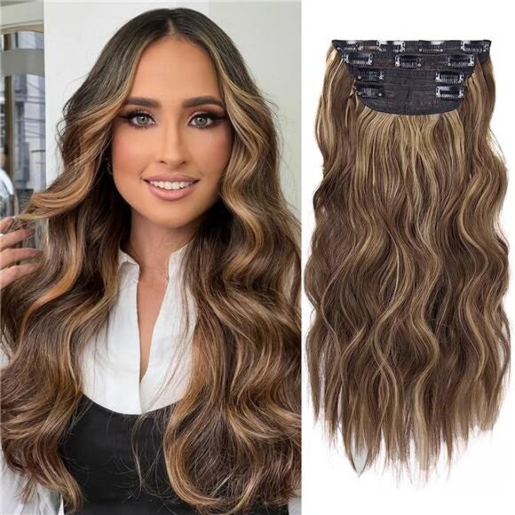 Hair Extensions, 4Pcs Clip in Brown mix Blonde